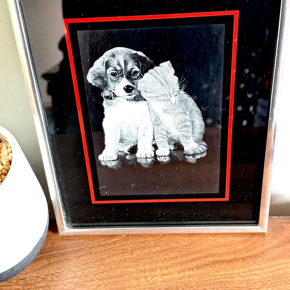 Vintage Puppy & Kitty Black Red Silver Framed Art Dog Cat Fiji Giftware 8x10”